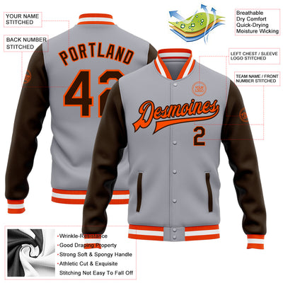 Custom Gray Brown-Orange Bomber Full-Snap Varsity Letterman Two Tone Jacket