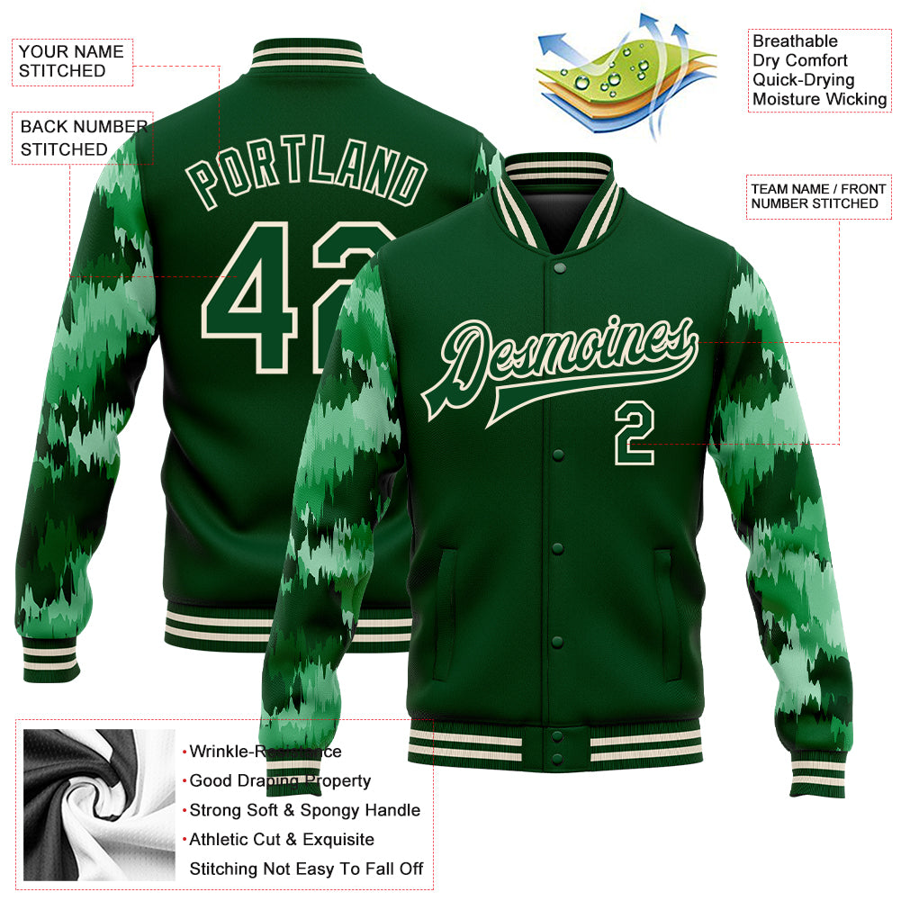Custom Green Cream Camo Sleeves 3D Pattern Design Bomber Full-Snap Varsity Letterman Jacket
