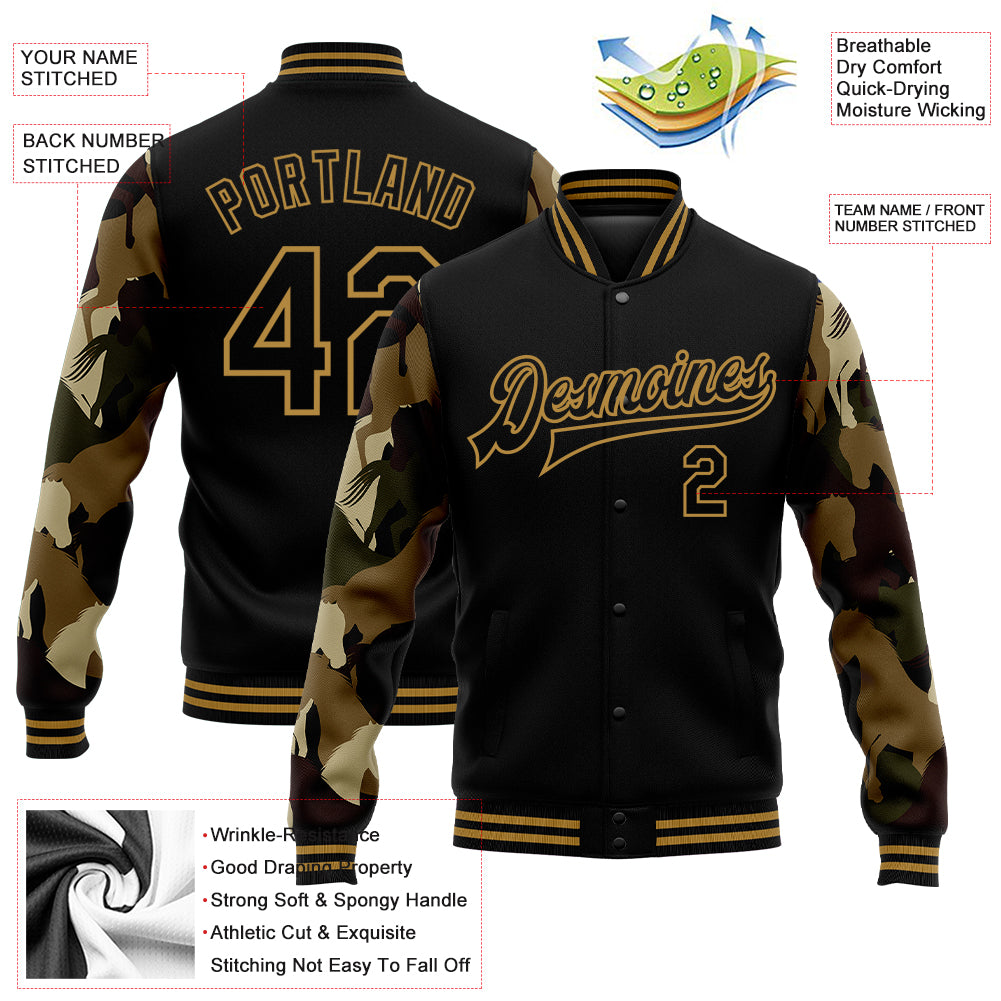 Custom Black Old Gold Horse Camo Sleeves 3D Pattern Design Bomber Full-Snap Varsity Letterman Jacket