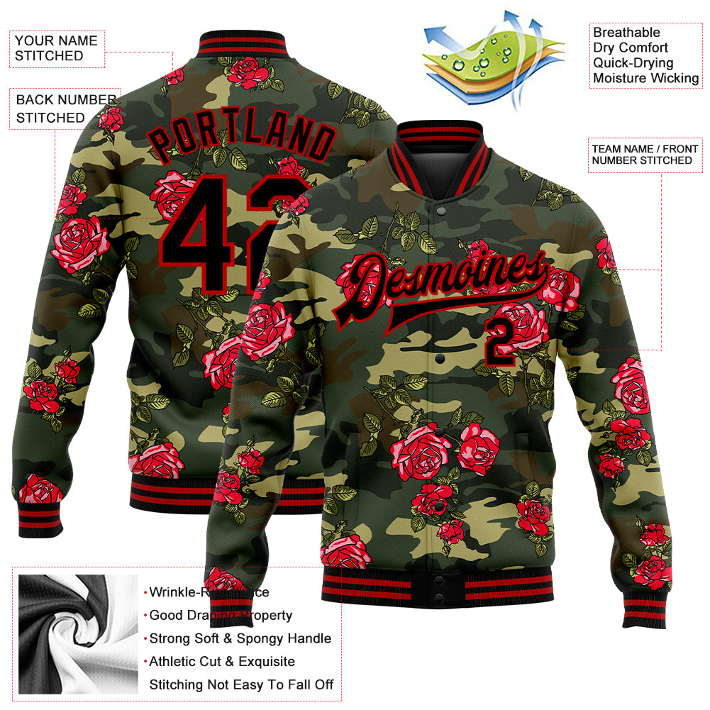 Custom Camo Black-Red Rose 3D Pattern Design Bomber Full-Snap Varsity Letterman Salute To Service Jacket