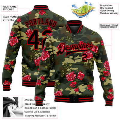 Custom Camo Black-Red Rose 3D Pattern Design Bomber Full-Snap Varsity Letterman Salute To Service Jacket