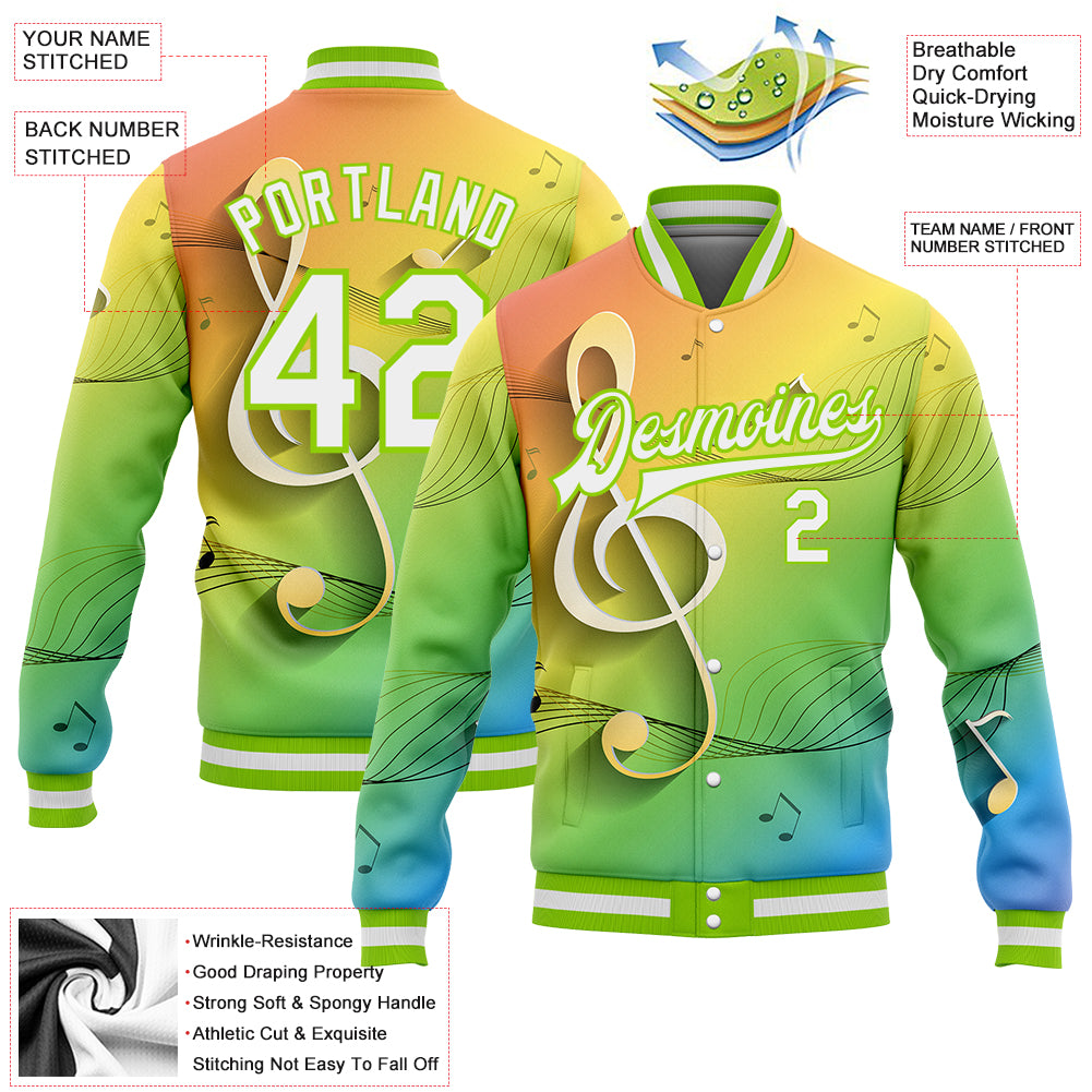 Custom Neon Green White Music Festival 3D Pattern Design Bomber Full-Snap Varsity Letterman Jacket