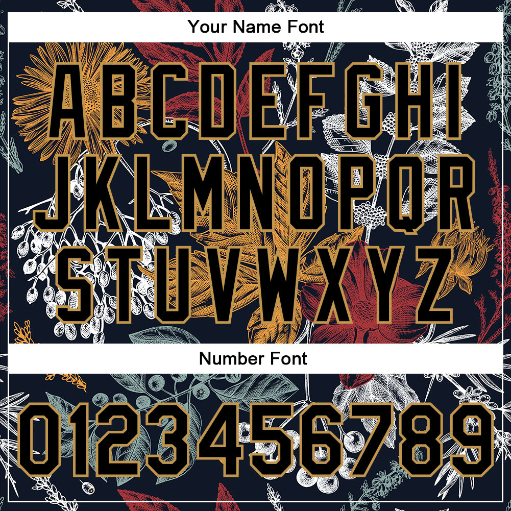 Custom Black Old Gold Flowers And Branches 3D Pattern Design Bomber Full-Snap Varsity Letterman Jacket