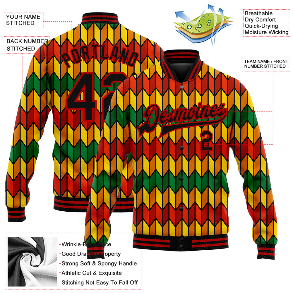 Custom Red Black Kelly Green-Gold Black History Month 3D Pattern Design Bomber Full-Snap Varsity Letterman Jacket