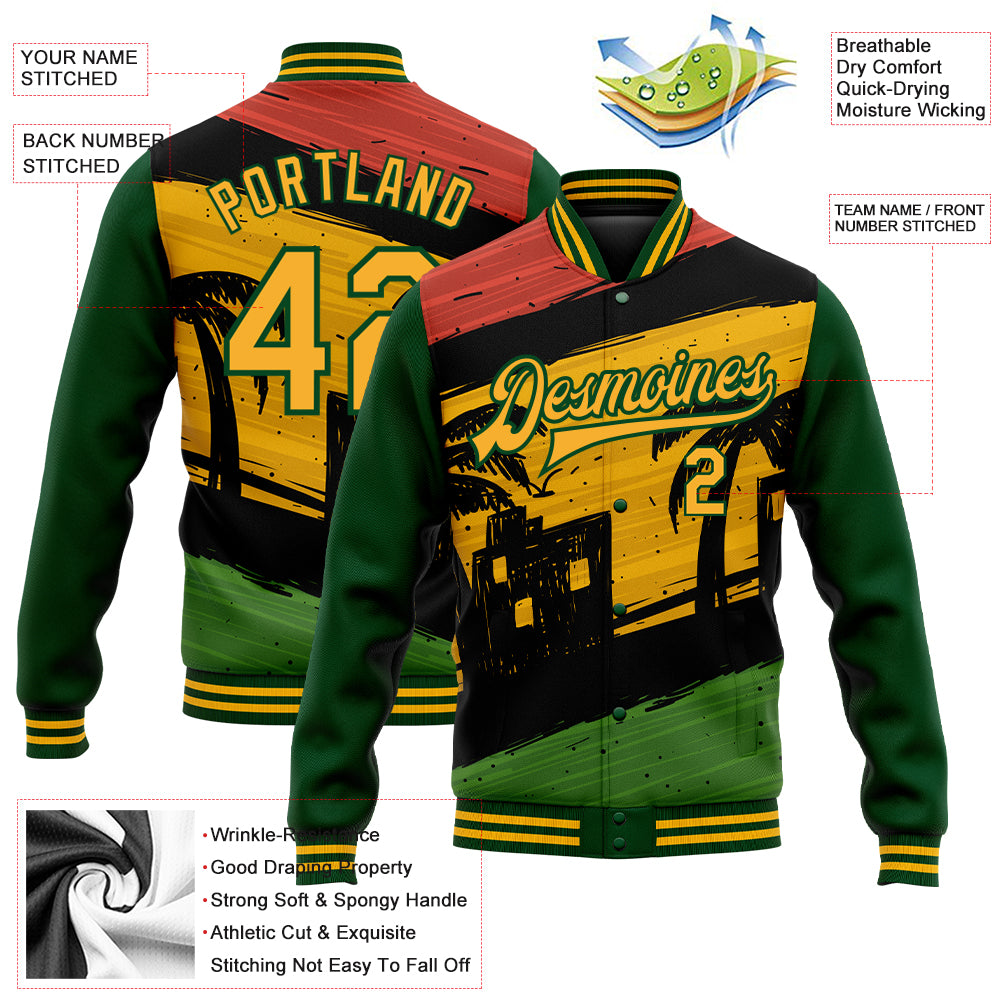 Custom Black Gold-Green Black History Month 3D Pattern Design Bomber Full-Snap Varsity Letterman Jacket