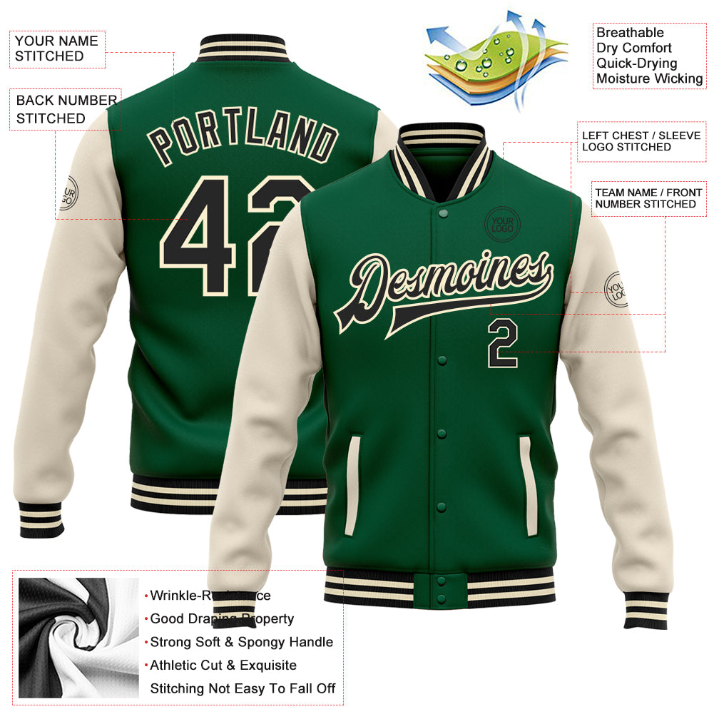 Custom Kelly Green Black-Cream Bomber Full-Snap Varsity Letterman Two Tone Jacket