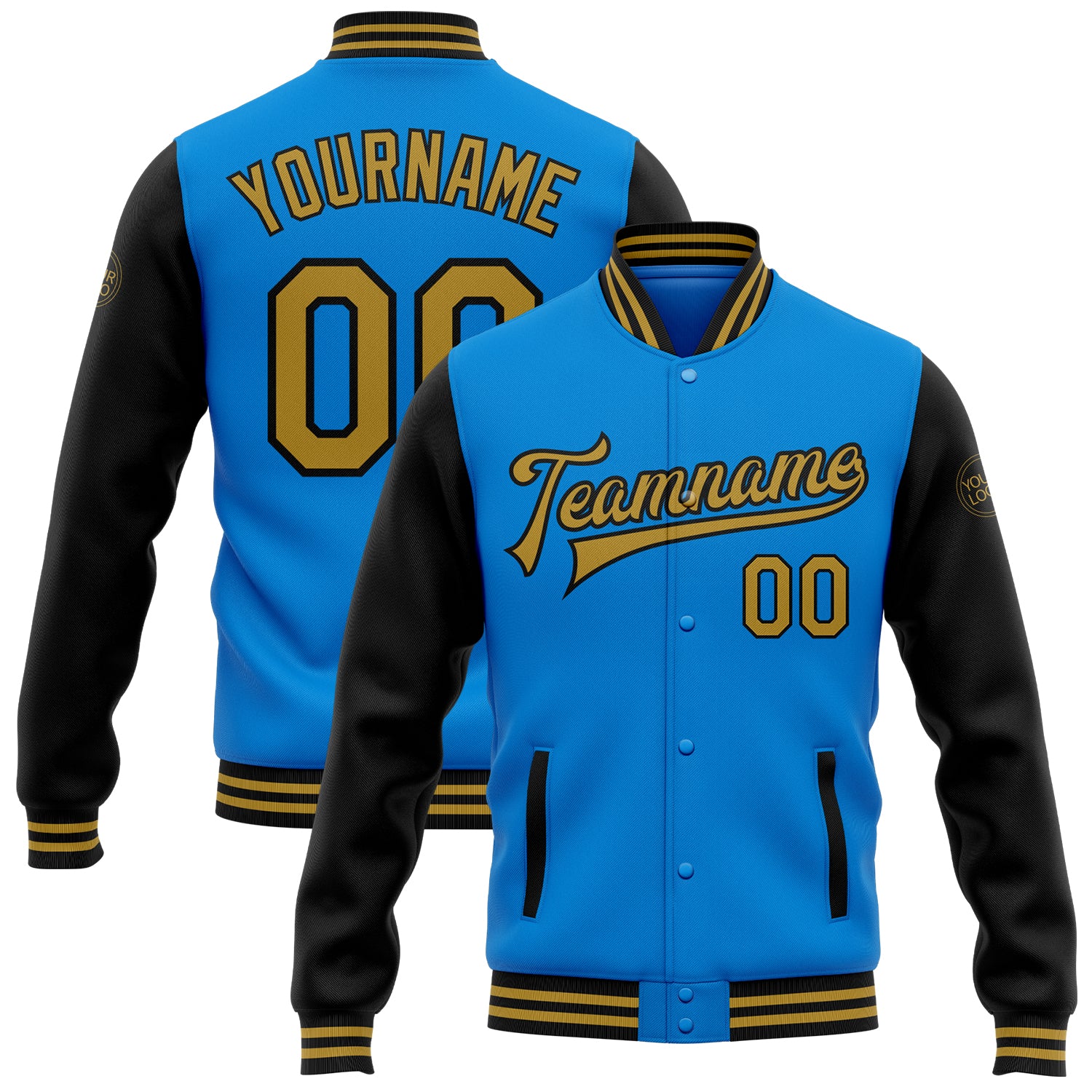 Custom Powder Blue Old Gold-Black Bomber Full-Snap Varsity Letterman Two Tone Jacket