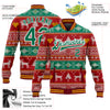 Custom Red Kelly Green-White Christmas Reindeers 3D Bomber Full-Snap Varsity Letterman Jacket