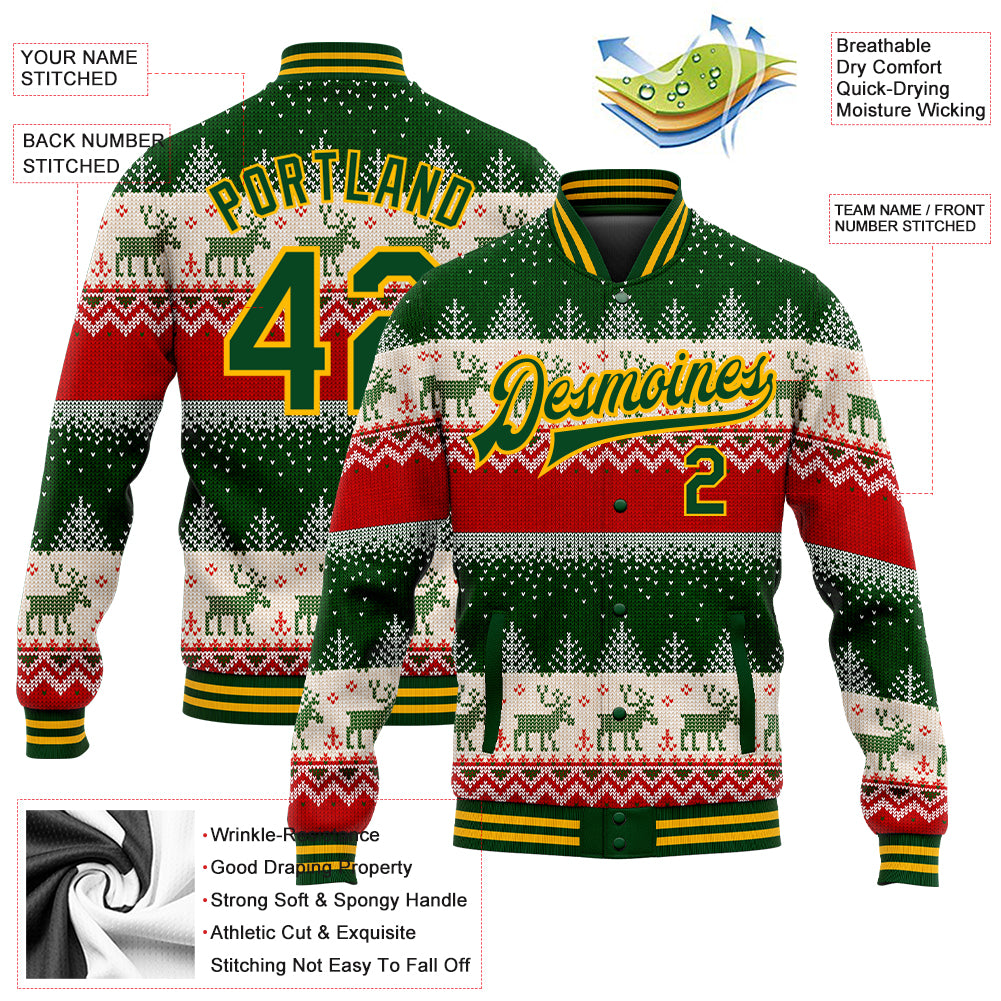 Custom Green Gold Christmas Reindeers 3D Bomber Full-Snap Varsity Letterman Jacket