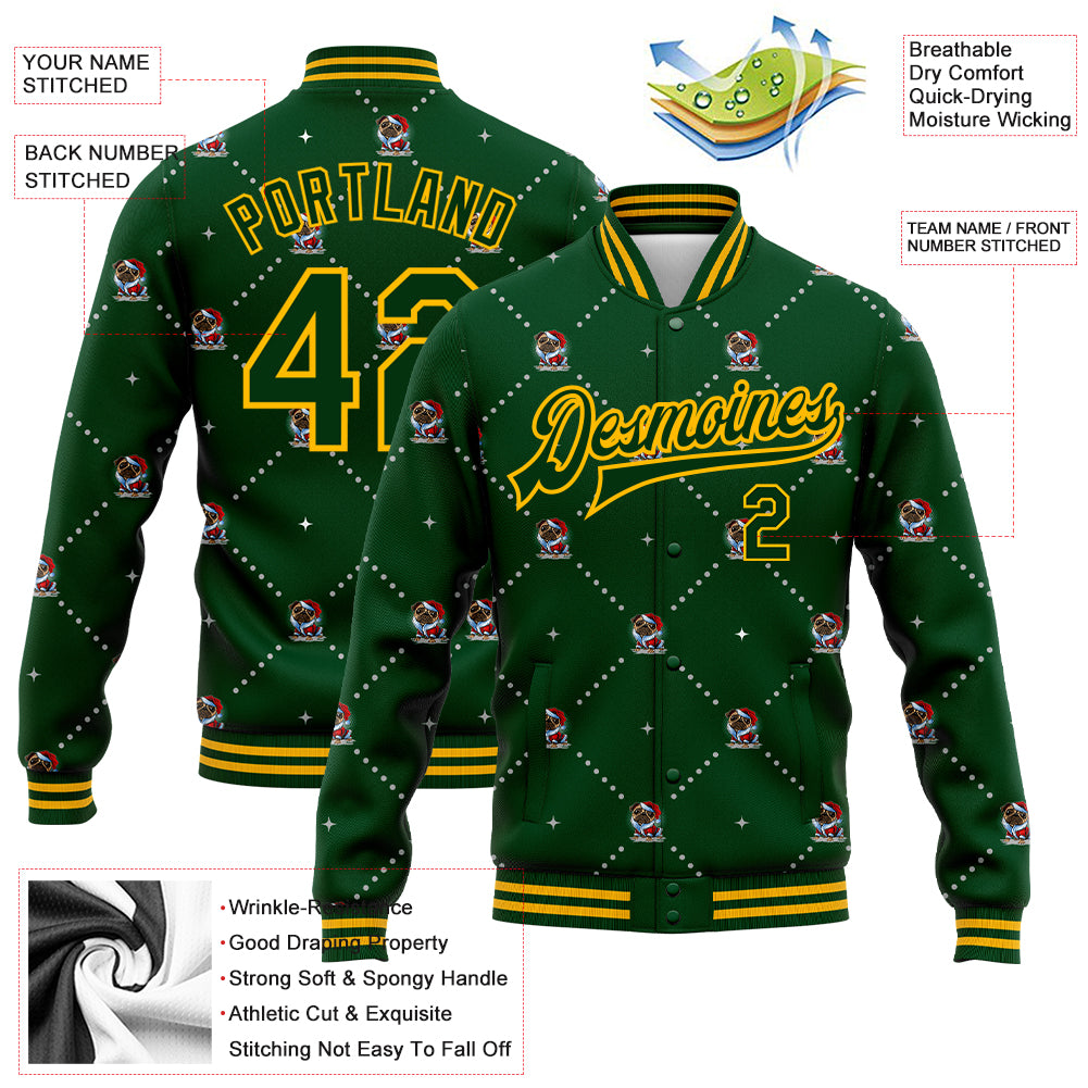 Custom Green Gold Christmas Dog Wearing Santa Claus Costume 3D Bomber Full-Snap Varsity Letterman Jacket