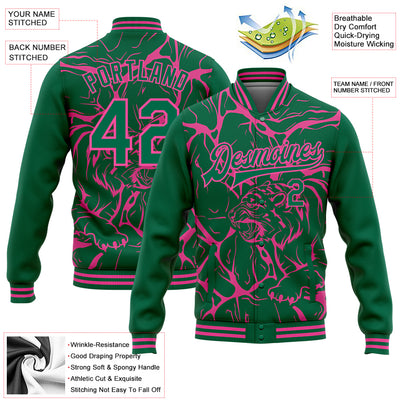 Custom Kelly Green Pink Abstract Network And Tiger 3D Pattern Design Bomber Full-Snap Varsity Letterman Jacket