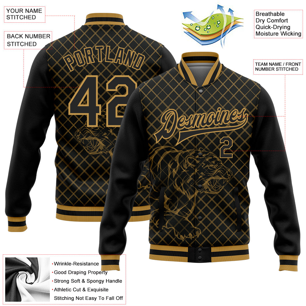 Custom Black Old Gold Check And Tiger 3D Pattern Design Bomber Full-Snap Varsity Letterman Jacket