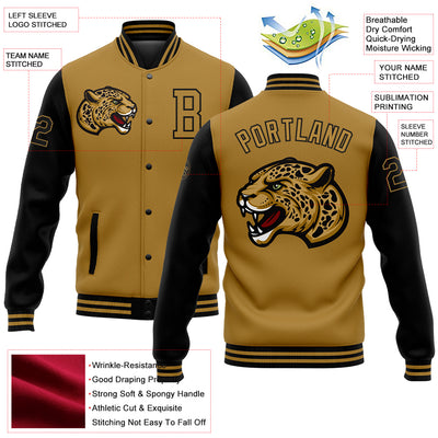 Custom Old Gold Black 3D Pattern Design Bomber Full-Snap Varsity Letterman Jacket