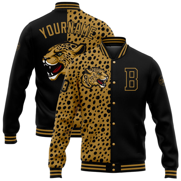 Custom Black Old Gold Leopard Print 3D Pattern Design Bomber Full-Snap Varsity Letterman Jacket