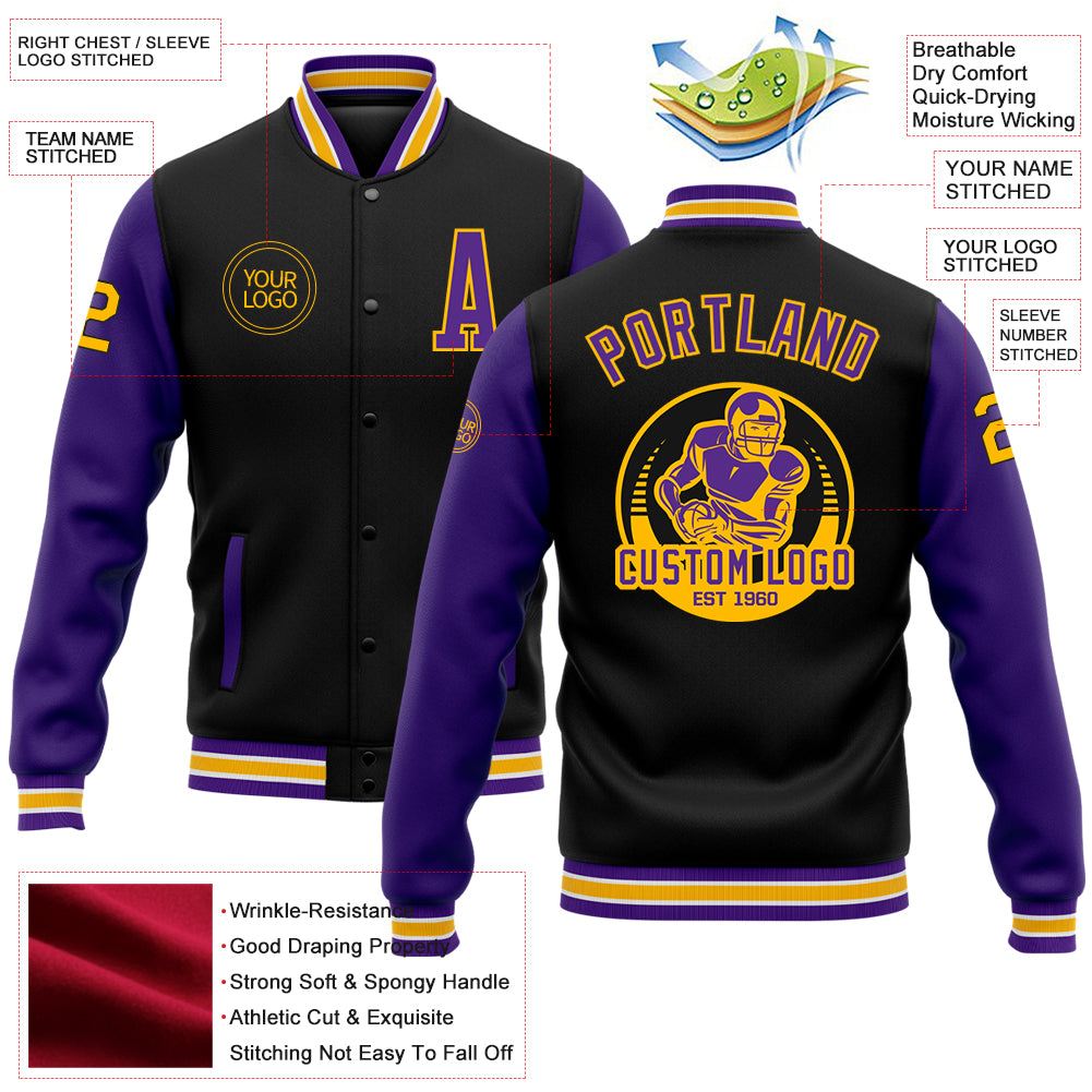 Custom Black Purple-Gold Bomber Full-Snap Varsity Letterman Two Tone Jacket
