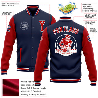 Custom Navy Red-White Bomber Full-Snap Varsity Letterman Two Tone Jacket