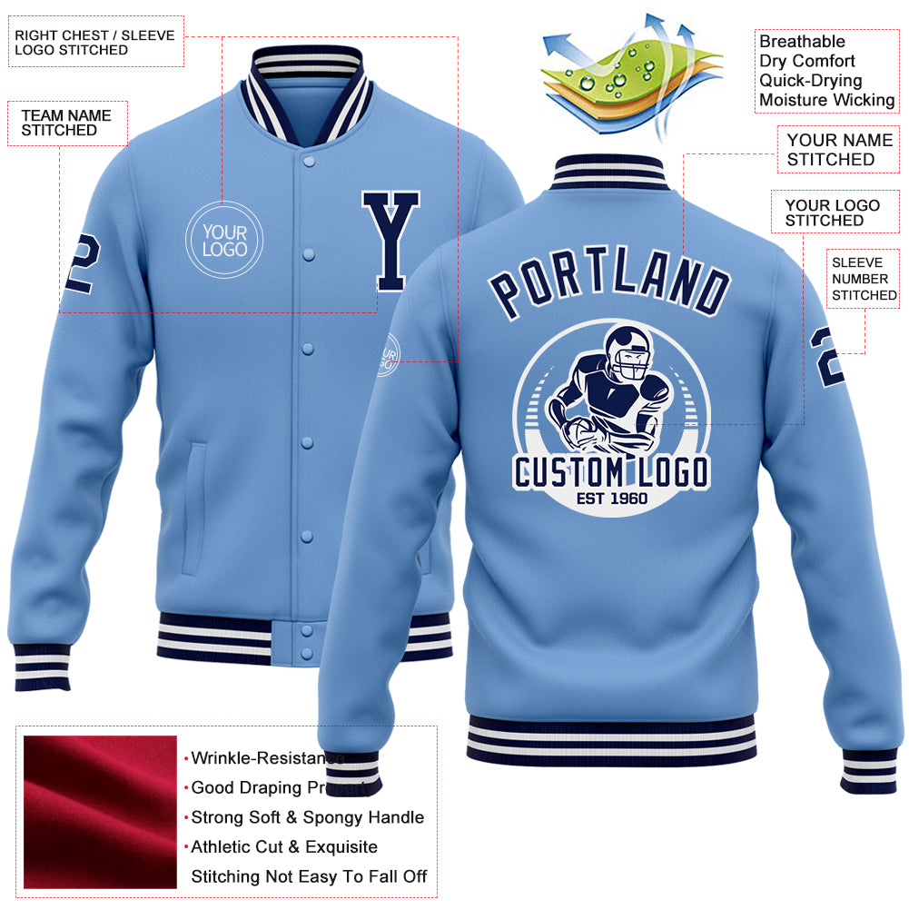 Custom Light Blue Navy-White Bomber Full-Snap Varsity Letterman Jacket