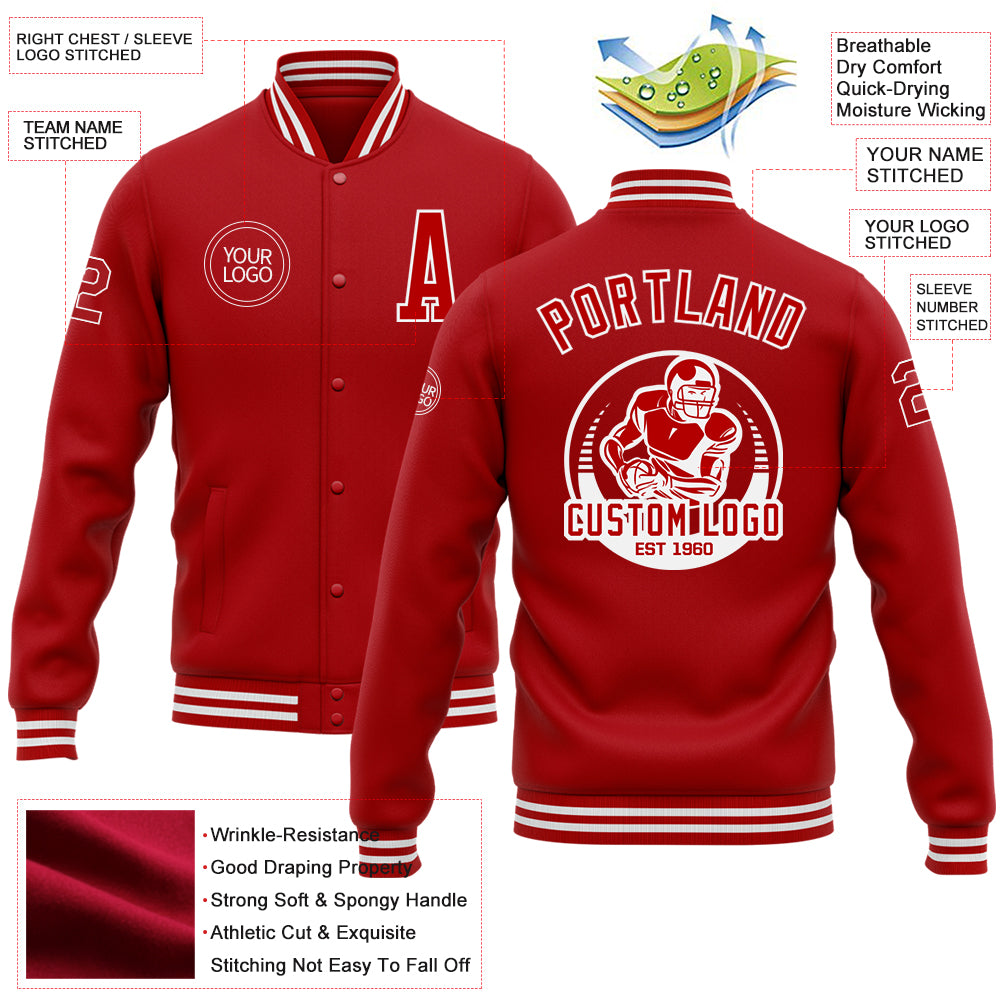Custom Red White Bomber Full-Snap Varsity Letterman Jacket