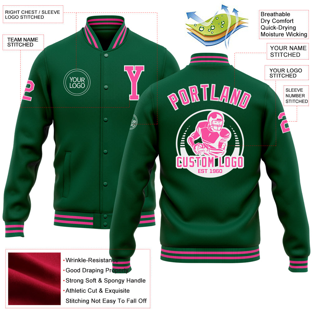 Custom Kelly Green Pink-White Bomber Full-Snap Varsity Letterman Jacket