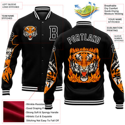 Custom Black White Tiger 3D Pattern Design Bomber Full-Snap Varsity Letterman Jacket