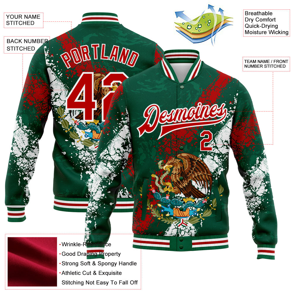 Custom Kelly Green Red-White Mexico 3D Bomber Full-Snap Varsity Letterman Jacket