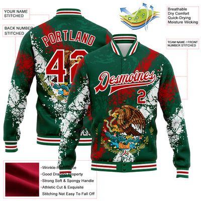 Custom Kelly Green Red-White Mexico 3D Bomber Full-Snap Varsity Letterman Jacket