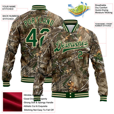 Custom Camo Green-Cream Realistic Forest Camouflage 3D Bomber Full-Snap Varsity Letterman Salute To Service Jacket