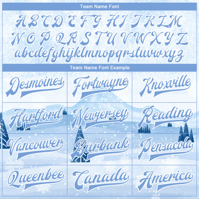 Custom White Light Blue Watercolor Winter Snow Landscape 3D Pattern Design Bomber Full-Snap Varsity Letterman Jacket