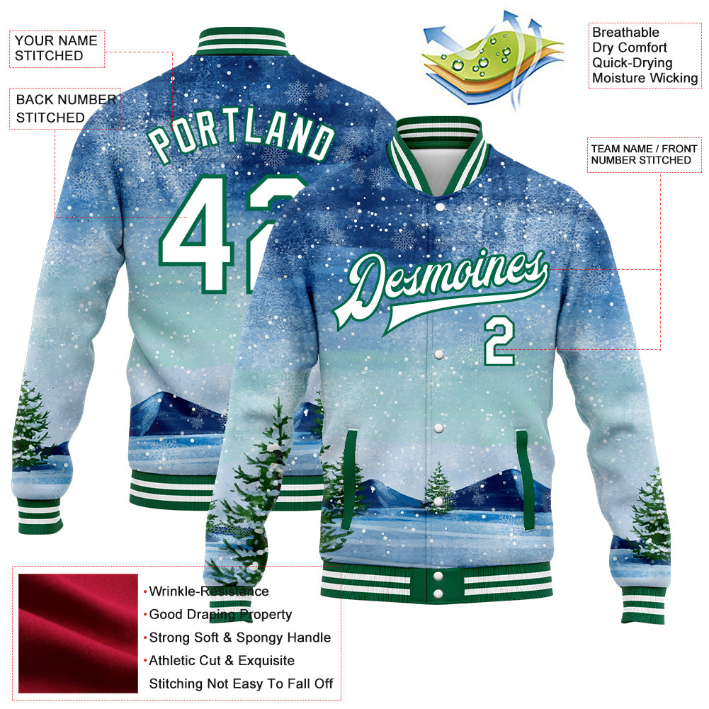 Custom Royal White-Kelly Green Watercolor Winter Landscape With Snowy Trees 3D Pattern Design Bomber Full-Snap Varsity Letterman Jacket