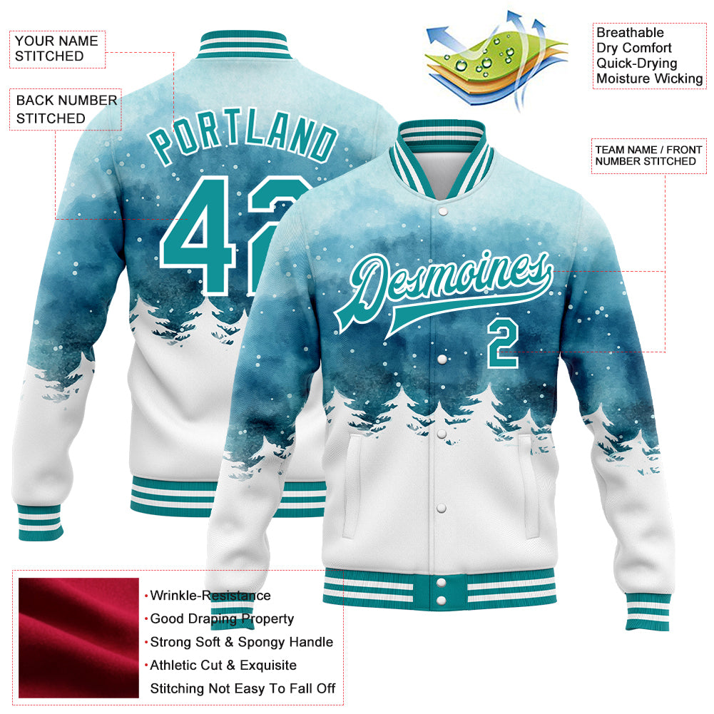 Custom Light Blue Teal-White Watercolor Winter Landscape With Snowy Trees 3D Pattern Design Bomber Full-Snap Varsity Letterman Jacket