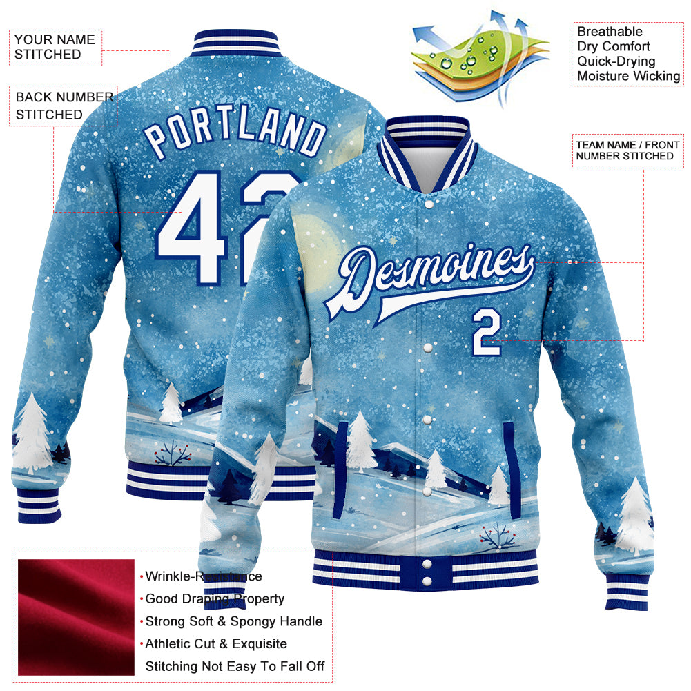 Custom Light Blue White-Royal Watercolor Winter Landscape With Snowy Trees 3D Pattern Design Bomber Full-Snap Varsity Letterman Jacket