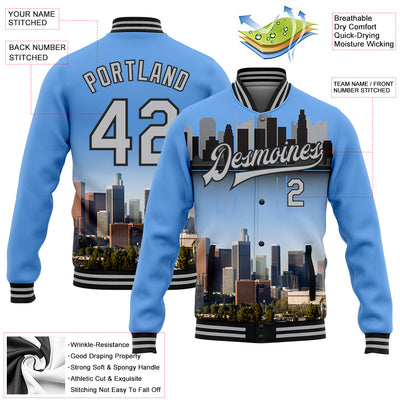 Custom Electric Blue Gray-Black Los Angeles California City Edition 3D Bomber Full-Snap Varsity Letterman Jacket