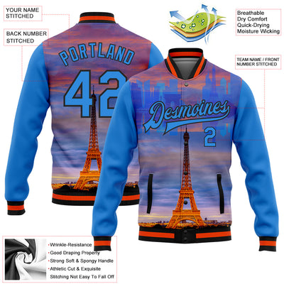 Custom Powder Blue Black-Orange Eiffel Tower Paris France City Edition 3D Bomber Full-Snap Varsity Letterman Jacket