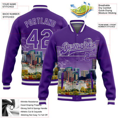 Custom Purple Gray Denver Colorado City Edition 3D Bomber Full-Snap Varsity Letterman Jacket