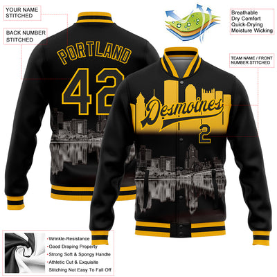 Custom Black Gold Pittsburgh Pennsylvania City Edition 3D Bomber Full-Snap Varsity Letterman Jacket