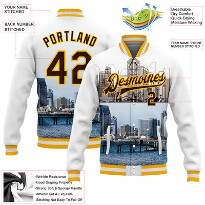 Custom White Brown-Gold San Diego California City Edition 3D Bomber Full-Snap Varsity Letterman Jacket