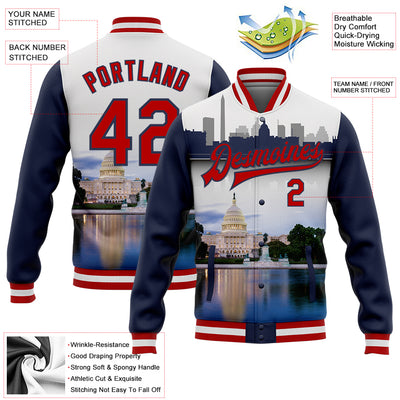 Custom White Red-Navy Capitol Washington City Edition 3D Bomber Full-Snap Varsity Letterman Jacket