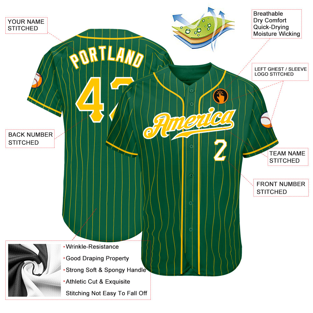 Custom Kelly Green Gold Pinstripe Gold-White Authentic Baseball Jersey