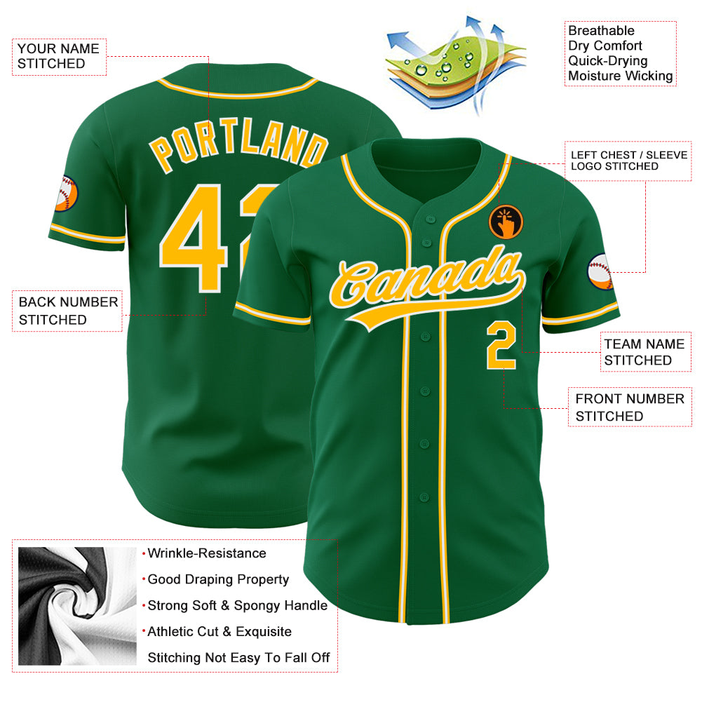Custom Kelly Green Gold-White Authentic Baseball Jersey