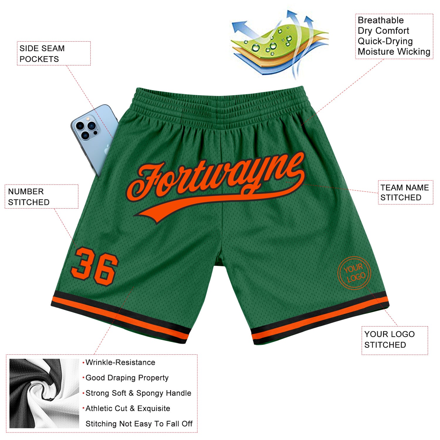 Custom Kelly Green Orange-Black Authentic Throwback Basketball Shorts