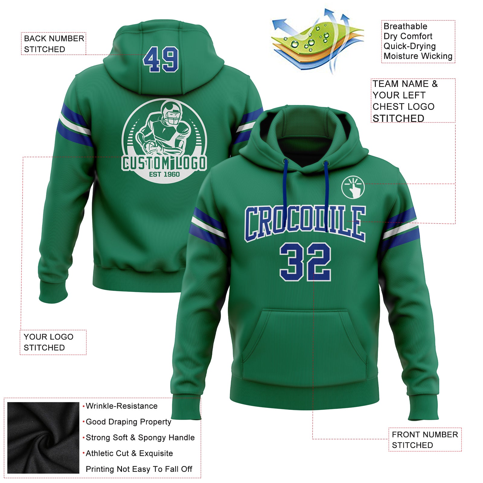 Custom Stitched Kelly Green Royal-White Football Pullover Sweatshirt Hoodie