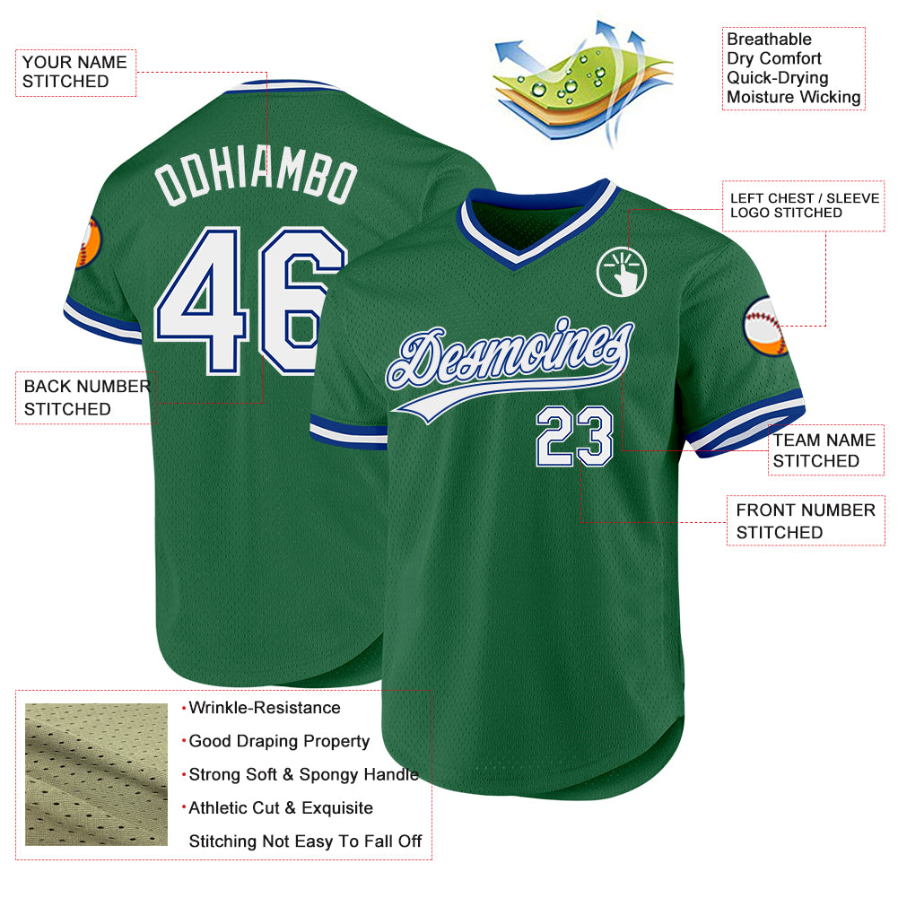 Custom Kelly Green White-Royal Authentic Throwback Baseball Jersey