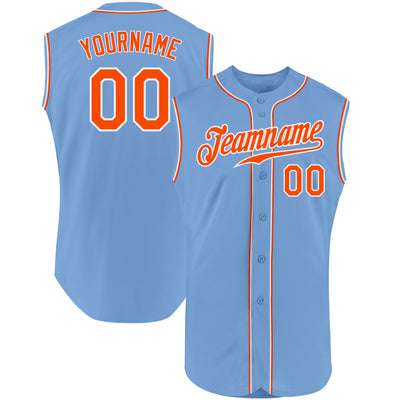 Custom Light Blue Orange-White Authentic Sleeveless Baseball Jersey