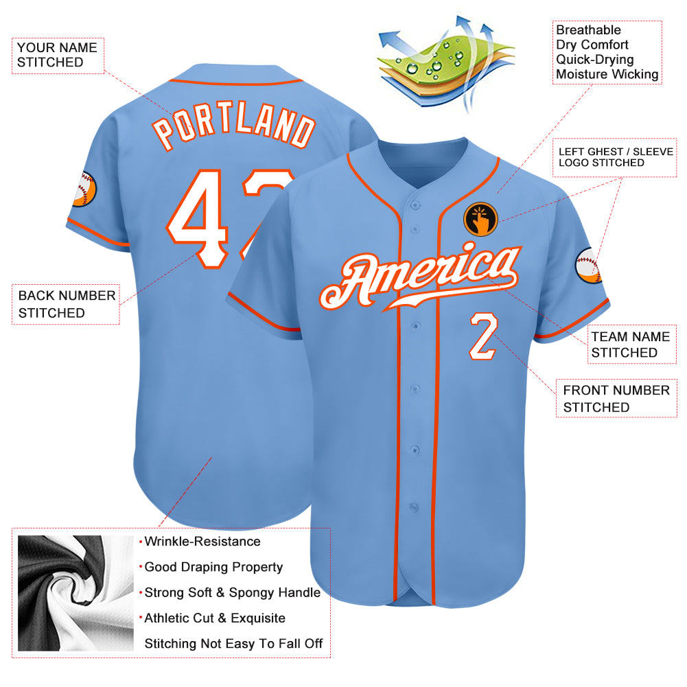Custom Light Blue White-Orange Authentic Baseball Jersey