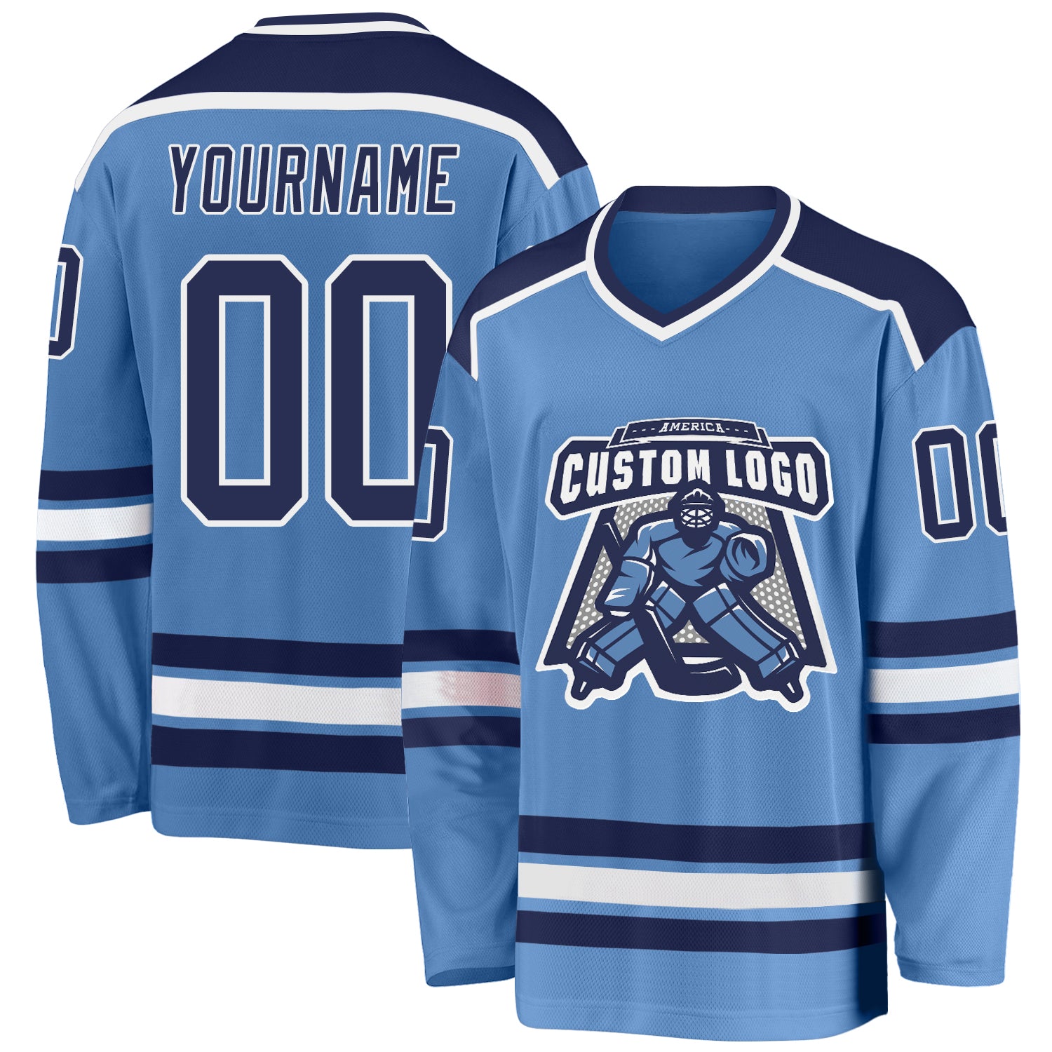 Custom Light Blue White-Black Hockey Jersey Discount