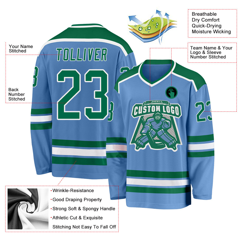 Custom Light Blue Kelly Green-White Hockey Jersey