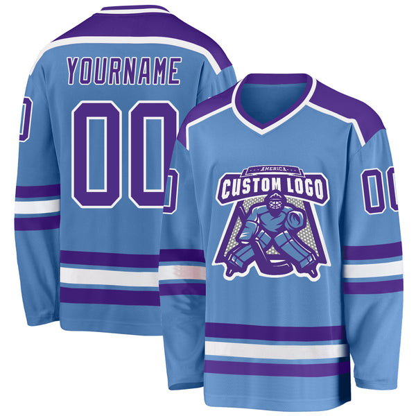Custom Hockey Jersey Light Blue Purple-White