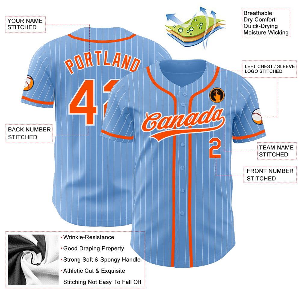 Custom Light Blue White Pinstripe Orange Authentic Baseball Jersey