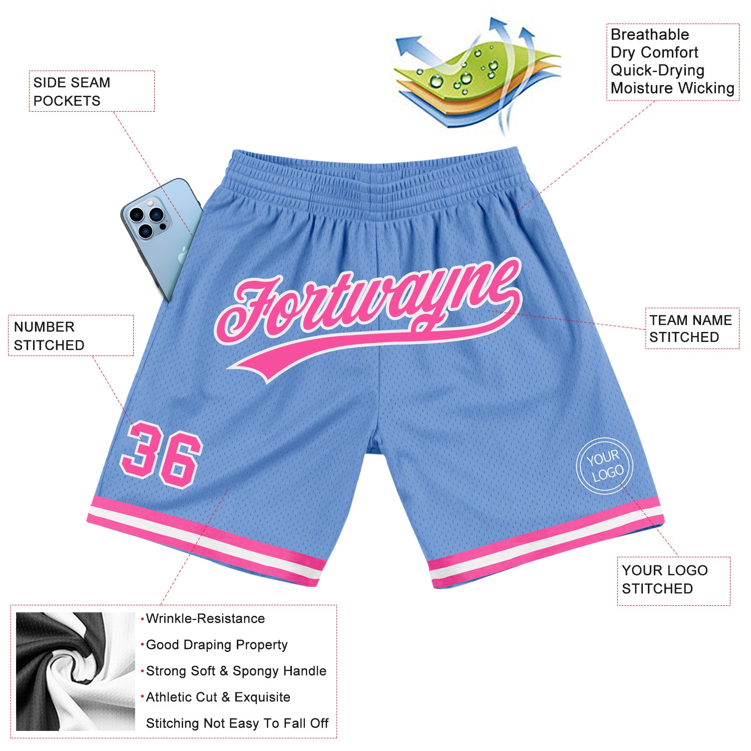 Custom Light Blue Pink-White Authentic Throwback Basketball Shorts
