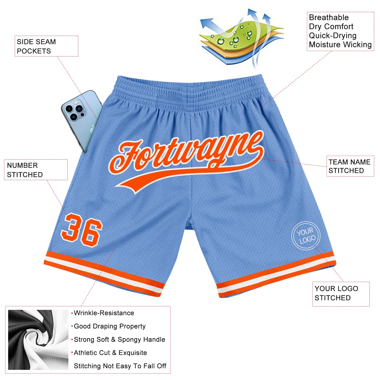 Custom Light Blue Orange-White Authentic Throwback Basketball Shorts